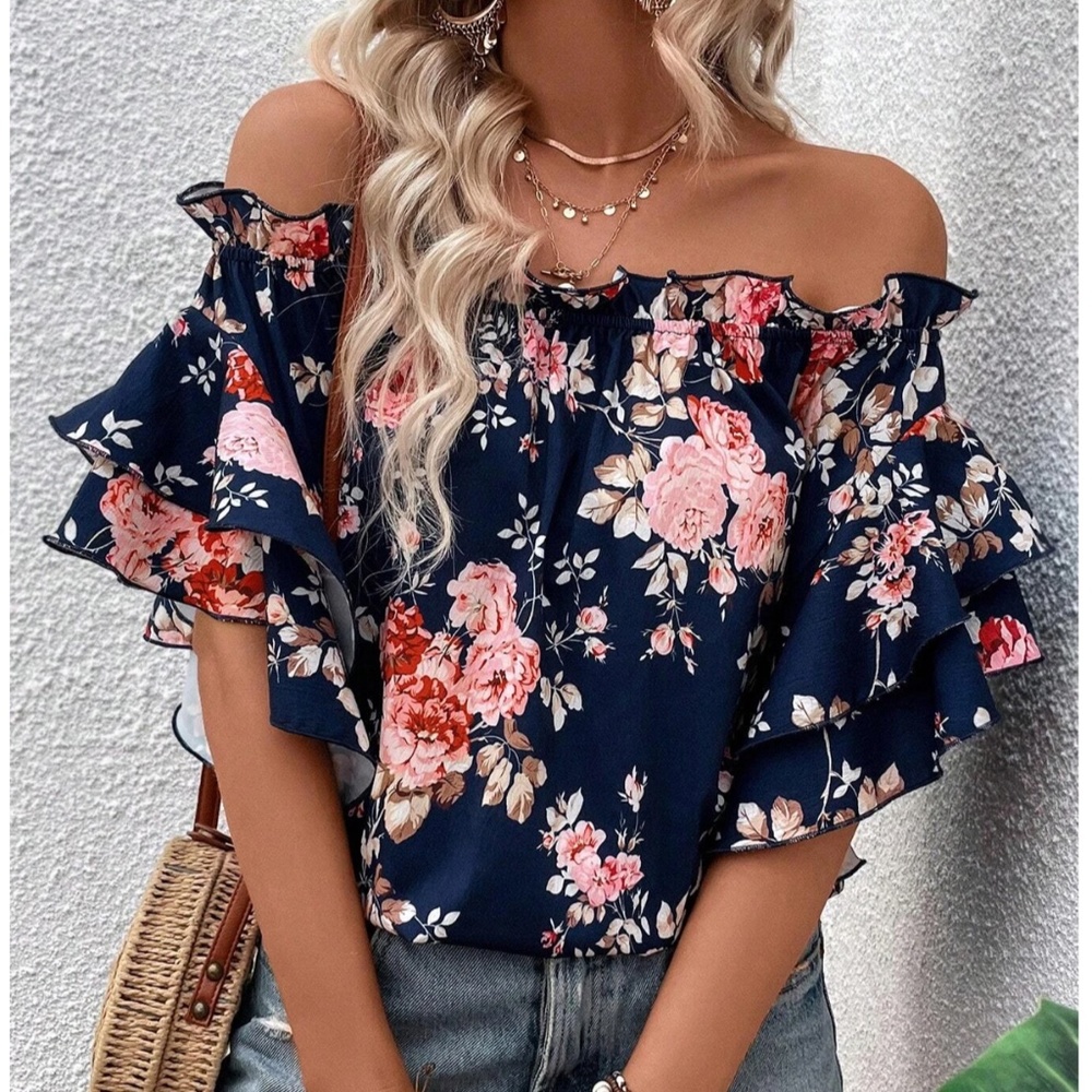 Floral Print Navy Blue Off Shoulder Ruffle Detail Top Blouse Shirt